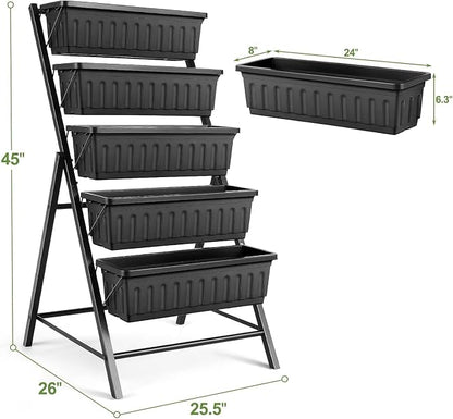 Suyncll 2 Pack Vertical Raised Garden Bed, 5 Tiers Elevated Planter Box with Drainage System and 4 Hooks, 4FT Vertical Planter for Herbs Vegetables Flowers, Black