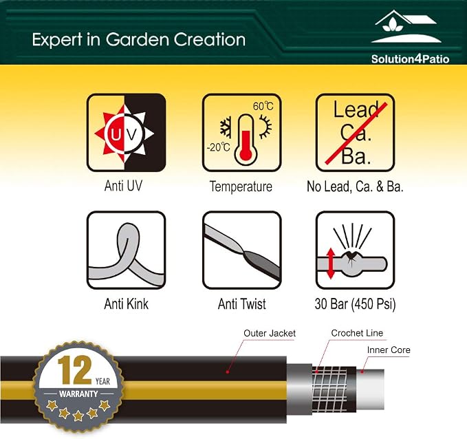 Solution4Patio Lead-in Black Garden Hose 5/8 in. x 25 ft. -Kink Free, No Leaking, Male/Female Fittings -Heavy Duty Durable Flexible Lightweight Water Pipe -Brass Aluminum Ends for Household & Yard