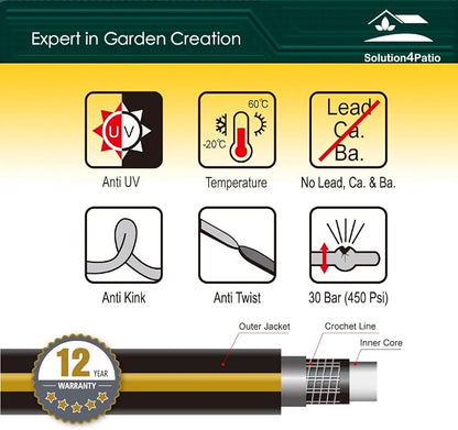 Solution4Patio Lead-in Black Garden Hose 5/8 in. x 25 ft. -Kink Free, No Leaking, Male/Female Fittings -Heavy Duty Durable Flexible Lightweight Water Pipe -Brass Aluminum Ends for Household & Yard