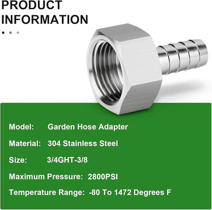 TAISHER 1PCS 304 Stainless Steel Garden Hose Repair Connector, 3/8" Barb x 3/4" GHT Female Garden Hose Adapter with Hose Clamps