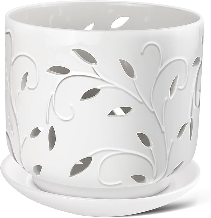 Orchid Pots with Holes, 7 Inch Orchid Pots with Drainage Holes and Tray, Indoor or Outdoor Ceramic Flower Pot for Orchid Care, Promoting Air Circulation - White