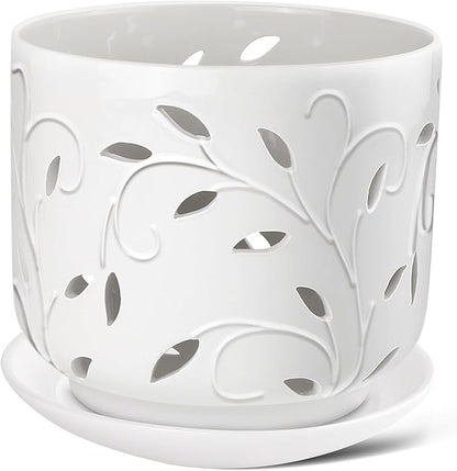 Orchid Pots with Holes, 7 Inch Orchid Pots with Drainage Holes and Tray, Indoor or Outdoor Ceramic Flower Pot for Orchid Care, Promoting Air Circulation - White