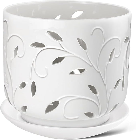 Orchid Pots with Holes, 7 Inch Orchid Pots with Drainage Holes and Tray, Indoor or Outdoor Ceramic Flower Pot for Orchid Care, Promoting Air Circulation - White