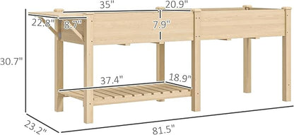 Outsunny Raised Garden Bed, Wood Elevated Planter Box with Side Table, Bottom Shelf, Outdoor Raised Planter with Bed Liners, Drainage Holes for Vegetable Flower, 81.5 x 23 x 31 in, Natural
