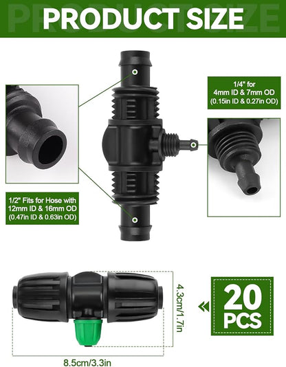 Kalolary 20PCS Locked Barbed Tee Connectors, 1/2” to 1/4” Drip Irrigation Fittings Kit 12/16mm to 4/7mm Tube Lock Female Connector 3-Way Barbed Lock Irrigation Parts for Watering System (Black Green)