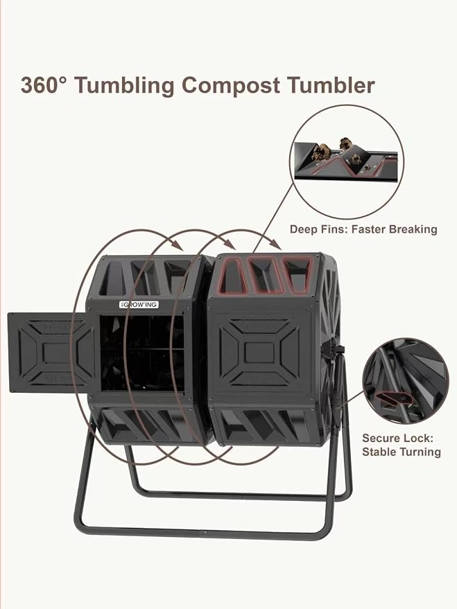 THE Growing 53 Gallon Large Outdoor Compost Bin Tumbler Barrel, Black | Dual 26.5gal heat-absorbing chambers for bulk waste. Reinforced frame adds stability. Easy outdoor bolt frame assembly.