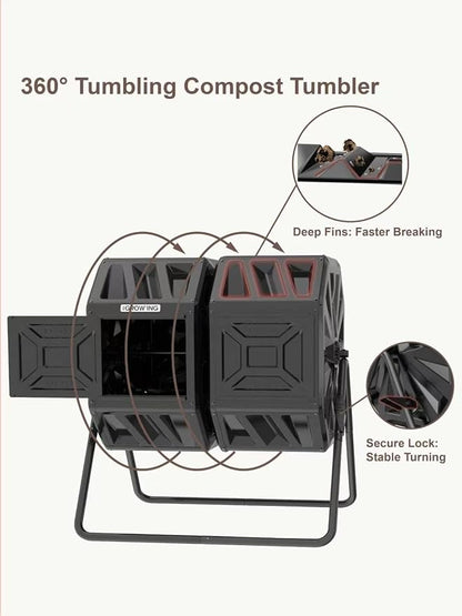 THE Growing 53 Gallon Large Outdoor Compost Bin Tumbler Barrel, Black | Dual 26.5gal heat-absorbing chambers for bulk waste. Reinforced frame adds stability. Easy outdoor bolt frame assembly.