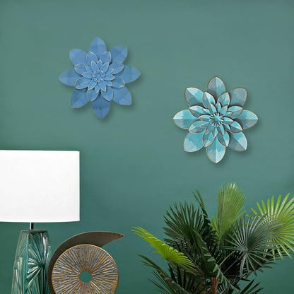 Metal Flower Wall Art Decor, 9.5" Ocean Blue Rustic Modern Floral Sculpture | Distressed Hanging Home Decoration Accent Artworks, Indoor Bedroom Living Room Office, Outdoor Garden Patio