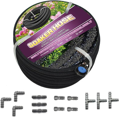 Soaker Hose 100ft - 1/2 Round Rubber Garden Soaker Hoses Kit, Heavy Duty Irrigation Drip Hose, Water Seeper Soaking Hose for Gardens, Flower Beds And Lawn Yard