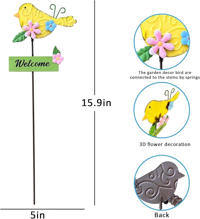5Pack Metal Bird Decorative Garden Stakes,15.9 Inch Metal Garden Decor for Outside for Spring Decor, Shaking Head Yard Art Garden Decorations for Outdoor Lawn Pathway Patio