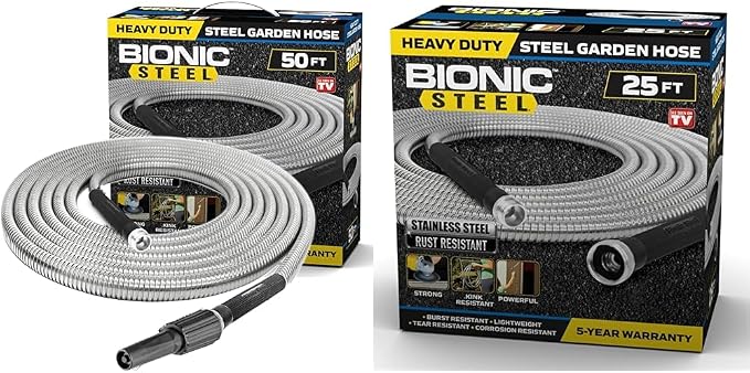 BIONIC STEEL 50 Foot 304 Stainless Steel Garden Hose Bundle with 25 Foot Rust-Proof Metal Home Garden Hose