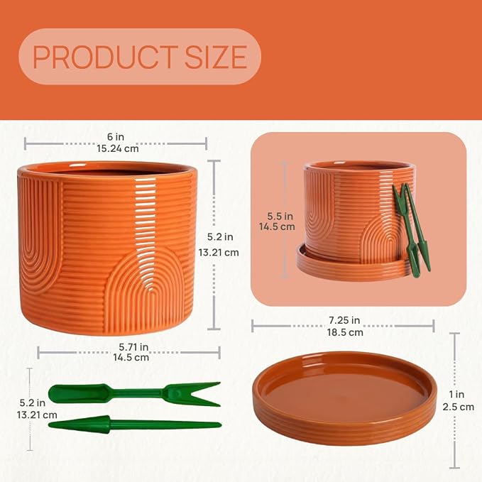 6 Inch Ceramic Plant Pot with Drainage Hole & Tray – Indoor Planter for Succulents, Herbs & Houseplants – Modern Ceramic Planter with Mesh Pad, Dibber & Widger – Terracotta