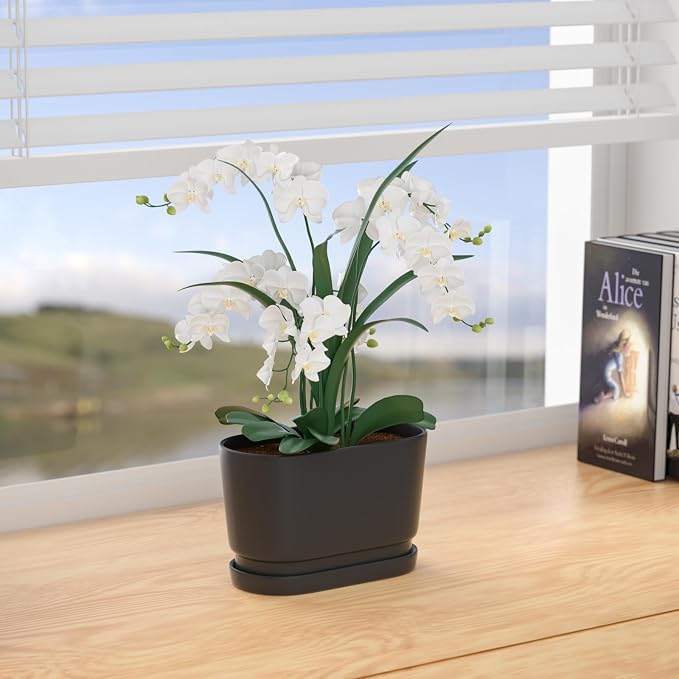 8.9" Rectangular Ceramic Planter with Drainage and Saucer, Black | Indoor Outdoor Use, 8.9"L x 4.5"W x 5.3"H, Modern Home Decor, Window Box Planter, Matte Black