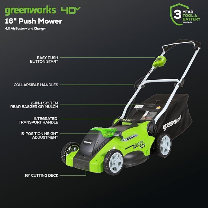 Greenworks 40V 16" (Push) Cordless Lawn Mower (1/3 Acre) + 12" String Trimmer + Leaf Blower, 4.0Ah + 2.0Ah Batteries and (2) Chargers Included