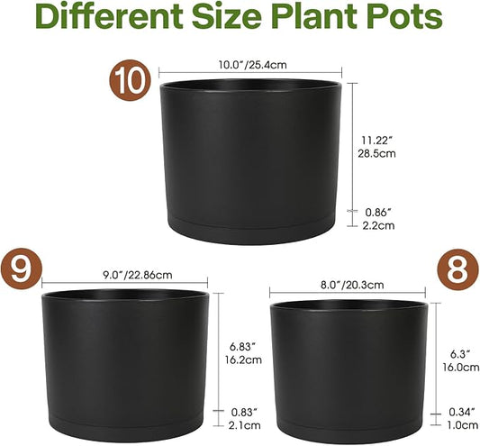 GARDIFE 10/9/8 Inch Modern Cylinder Planter, Plant Pots for Indoor Outdoor Plants, Flower Pots with Drainage Holes and Saucers for Garden Succulent Nursery House Plants (Black)