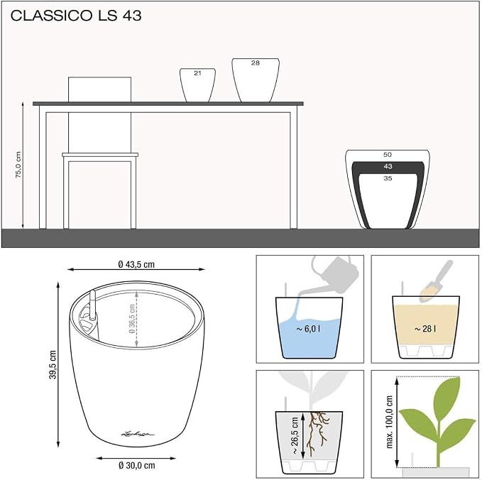 Lechuza Classico LS 43 Black High Gloss, Self-Watering Round Planter, D16.9 H15.7 in