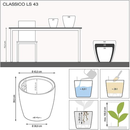 Lechuza Classico LS 43 Black High Gloss, Self-Watering Round Planter, D16.9 H15.7 in