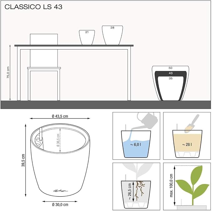Lechuza Classico LS 43 Charcoal Metallic, Self-Watering Round Planter, D16.9 H15.7 in