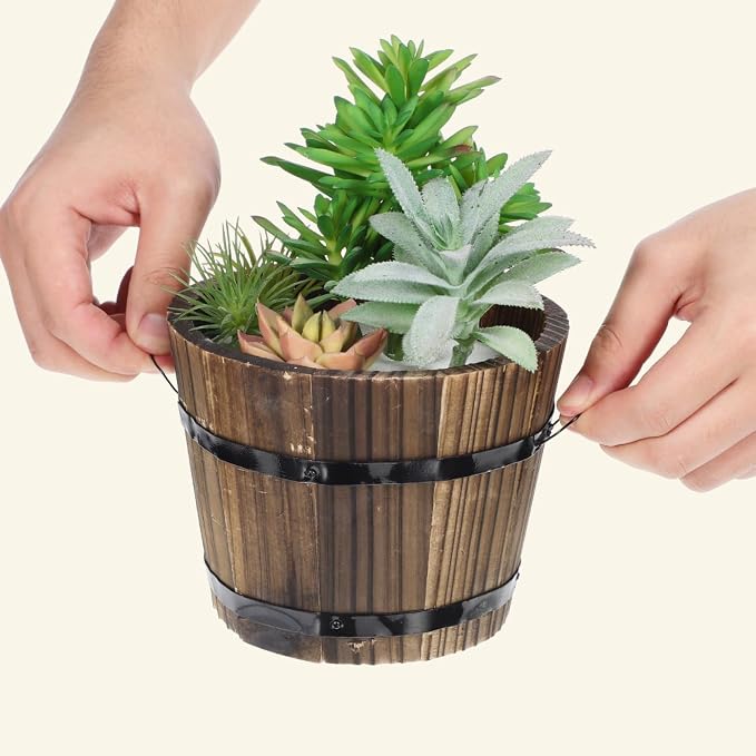 DOITOOL Rustic Wooden Barrel Planter: Wood Whiskey Barrel Bucket Flower Pots Indoor Outdoor Plants Boxes Container for Home Garden Patio Backyard - 7.08 x 5.9 x 5.1 inches (Medium)