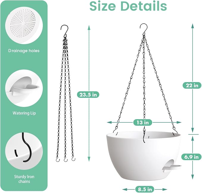 UOUZ 13 Inch 2 Pack Large Self Watering Hanging Planters for Indoor Outdoor Plants, Hanging Plant Pots with Removable 50 Oz Reservoir, Plastic Hanging Basket for Window Porch Garden, White