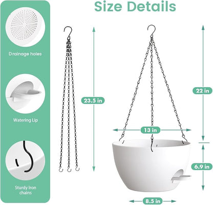 UOUZ 13 Inch 2 Pack Large Self Watering Hanging Planters for Indoor Outdoor Plants, Hanging Plant Pots with Removable 50 Oz Reservoir, Plastic Hanging Basket for Window Porch Garden, White