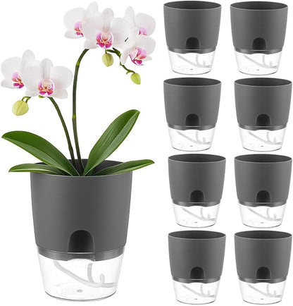Planterhoma 8 Pack Self Watering Pots for Indoor Plants, 6 Inch Plant Pot Plastic Self Watering Planter for Orchid, African Violet, Small Clear Flower Pots with Drainage Holes and Wicking Rope, Gray