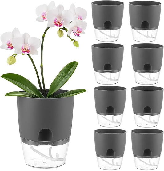 Planterhoma 8 Pack Self Watering Pots for Indoor Plants, 6 Inch Plant Pot Plastic Self Watering Planter for Orchid, African Violet, Small Clear Flower Pots with Drainage Holes and Wicking Rope, Gray