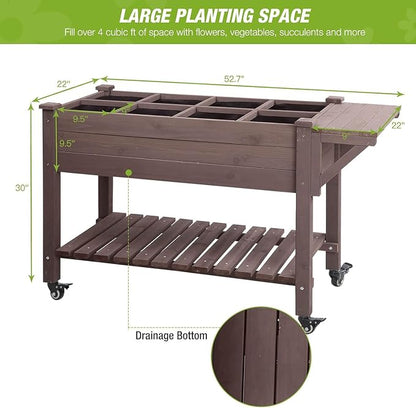GUTINNEEN Raised Garden Bed Outdoor with 8 Planter Boxes Wooden Elevated Garden Bed with Legs Wheels Side Workbench and Storage Shelf for Plants Vegetables Flowers Herbs