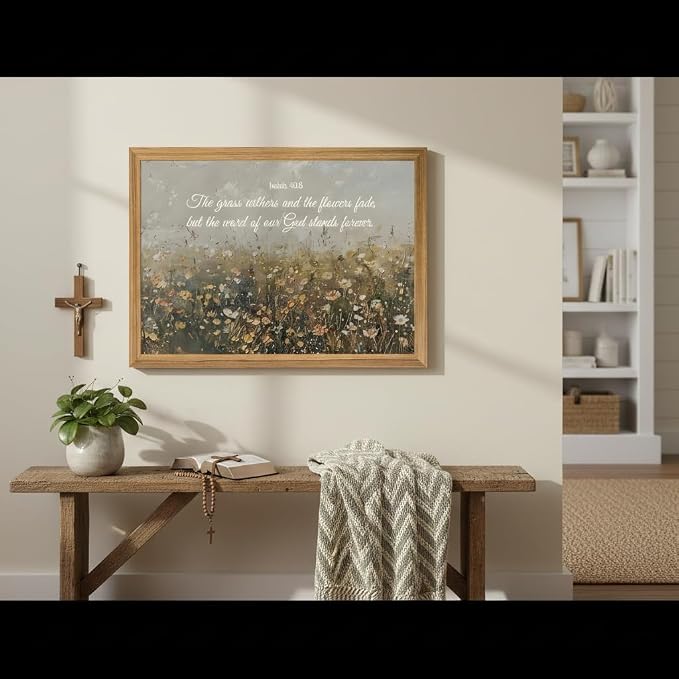smvexyl Framed Christian Bible Verse Wall Art Canvas, Isaiah 40:8 Scripture Wildflower Meadow Painting Religious Wall Decor Faith Inspirational Picture for Living Room Bedroom Home Decoration 8x10 12x16 16x24