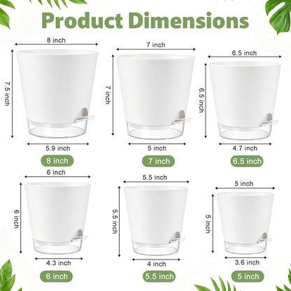 QRRICA 5/5.5/6/6.5/7/8 inch Self Watering Pot Set, Visible Water Level Planter with Transparent Reservoir & Drainage Holes, Plastic Flower Pots with Cotton Rope for Indoor/Outdoor Use (White)