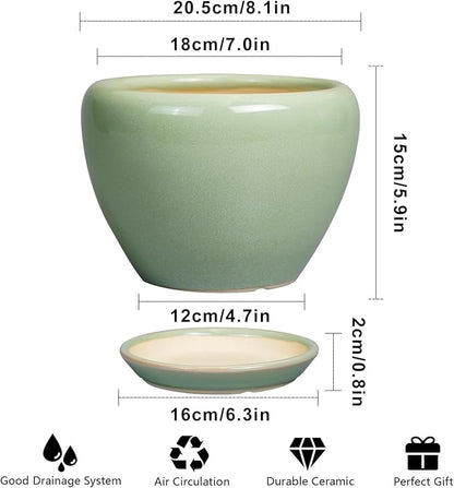 Ceramicfor 8 Inch Plant Pot - Ceramic Planter for Outdoor Plants Indoor Plant Pot with Drainage Hole and Saucer Mid-Century Round Planter Flower Pot for House Garden Green