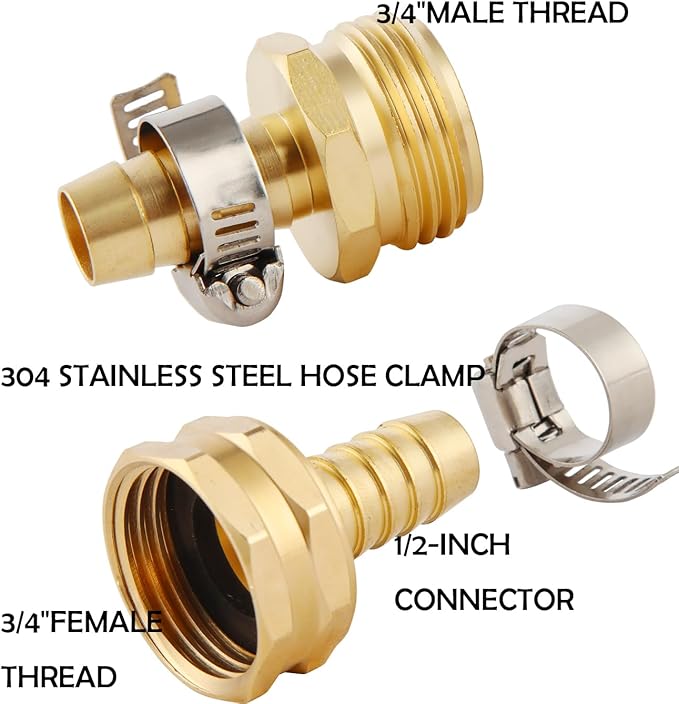 4 Set Brass Garden Hose Repair Connector Kit with Clamps, Fit for 1/2" Garden Hose Fitting,1/2'' Barb x 3/4'' GHT Garden Hose Adapter/Fittings, Water Hose Repair Kit