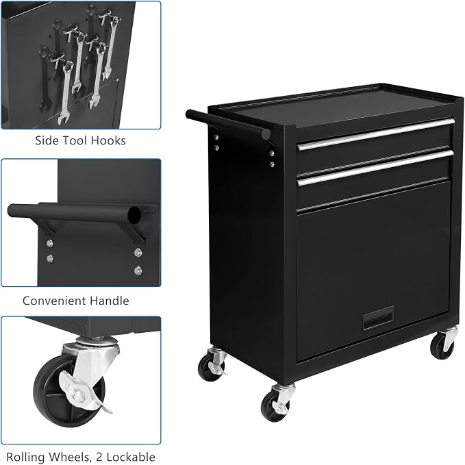 TUFFIOM 8-Drawer Rolling Tool Chest, Tool Storage Cabinet w/Lockable Wheels, Detachable Top, Drawers & Side Hooks, Mechanic Tool Organizer Box for Garage Warehouse Repair Shop