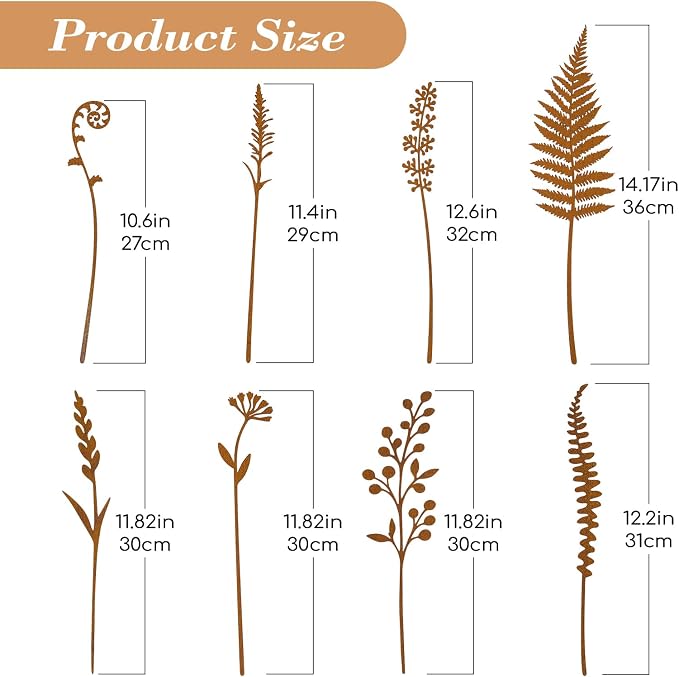 8-Piece Fern & Leaf Metal Garden Stakes | Flower Bed Accent, Pot and Patio Display, Rustic Metal Finish, Yard Art Style