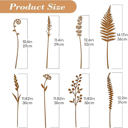 8-Piece Fern & Leaf Metal Garden Stakes | Flower Bed Accent, Pot and Patio Display, Rustic Metal Finish, Yard Art Style