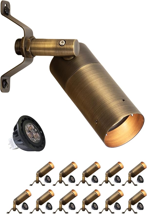 MALORY Brass Landscape Spot Down Light, 12 Pack | Low Voltage LED Downlights, 5W MR16 LED Bulb, 2700K Warm White, For Yard, Garden, Lawn, Wall, Patio