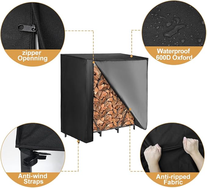 Vailge Firewood Rack Cover 4FT, Waterproof Firewood Rack Outdoor Cover with Full Front Zipper & Windproof Straps, Heavy Duty 600D Oxford Log Protector for All Seasons