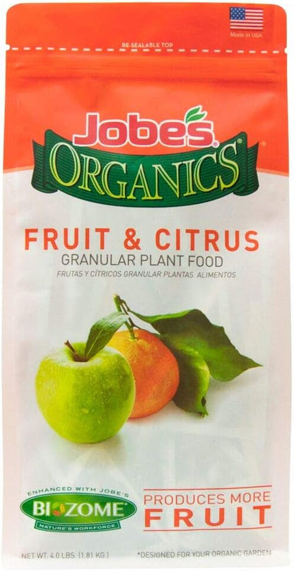 Jobe’s Organics 09226NA Granular Plant Food Fruit & Citrus, 4lbs, Brown & 09526 Organic All Purpose Granular Fertilizer 4-4-4, 4 lb