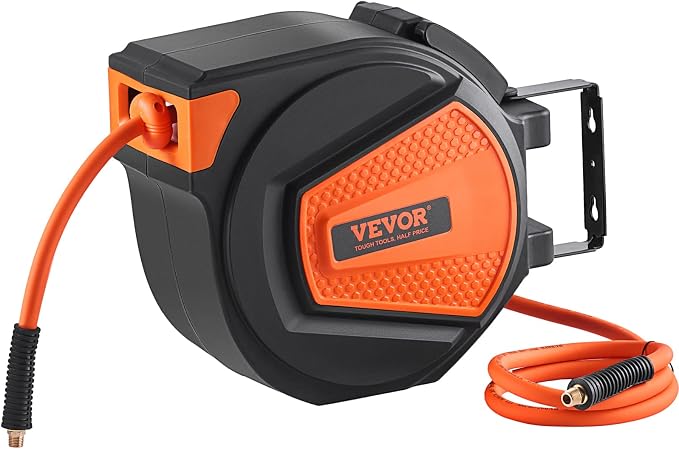 VEVOR Retractable Hose Reel, 65 ft x 5/8 inch, 180° Swivel Bracket Wall-Mounted & Retractable Air Hose Reel, 3/8 IN x 50 FT Hybrid Air Hose Max 300PSI