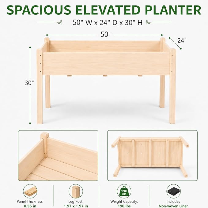 30" H Raised Garden Bed with Legs, Fir Wood Elevated Garden Bed Planter Box | Plant Stand Indoor/Outdoor for Tomato, Strawberry Herb Garden Planter