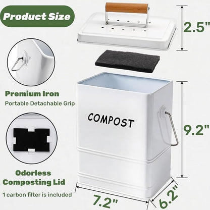 Tlence 1.7 Gallon Kitchen Compost Bin, Countertop Food Waste Pail with Handles, Odorless Composting Bucket with Carbon Filters, Indoor Small Food Scrap Composter for Trash Waste, White