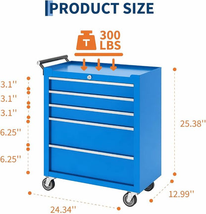 IDEALHOUSE Rolling Tool Chest, 5 Drawers Tool Storage Cabinet, Toolbox with Wheels, Portable Tool Cabinet Organizer with Locking System & Drawer Liners, Tool Storage Cart for Garage, Workshop, Blue