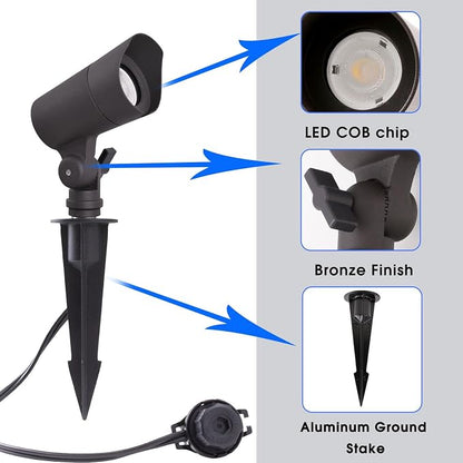 E ENERGETIC LIGHTING LED Landscape Lights with Connectors, 12V Low Voltage, Warm White 3000k, 4W, 175LM, Outdoor Waterproof Garden Pathway Lights Wall Tree Flag Spotlights with Spike Stand, 10 Pack