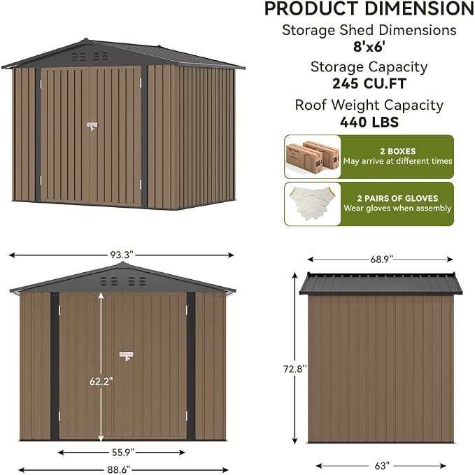 COMHOMA Shed Outdoor Storage Shed Metal,Lockable Doors Tool Sheds with Sloping Roof,Steel Garden Shed with Air Vent for Backyard,Patio,Lawn,Poolside(Brown,8'x6') | Sloping Roof and Air Vent Perfect for Backyard Patio Lawn and Poolside