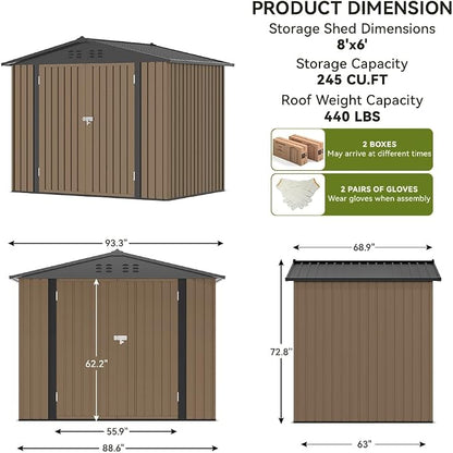 COMHOMA Shed Outdoor Storage Shed Metal,Lockable Doors Tool Sheds with Sloping Roof,Steel Garden Shed with Air Vent for Backyard,Patio,Lawn,Poolside(Brown,8'x6') | Sloping Roof and Air Vent Perfect for Backyard Patio Lawn and Poolside