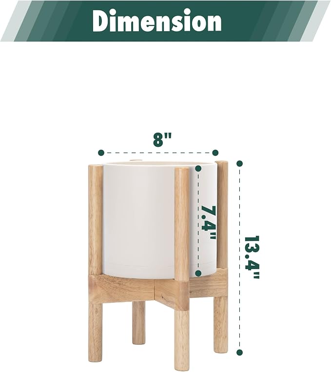 D'vine Dev Plastic Pot with Natural Wood Stand, Oatmeal, 8 in, 55-C-J-4 | Mid-Century Inspired Design, Elevated Plant Display, Clean Lines, Sturdy Support, Modern Space-Saving Style