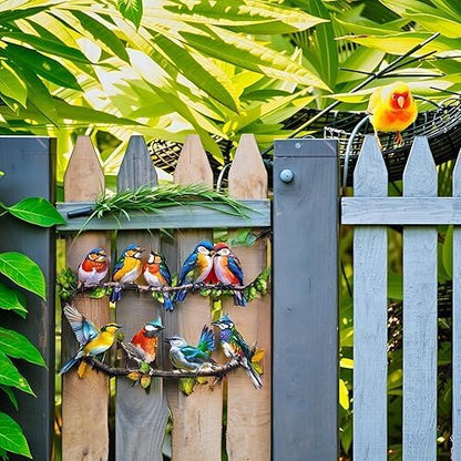 Meduofon Metal Birds Outdoor Wall Art Decor, Vivid Bird on Branch Hanging Leaves Metal Hummingbird Decor Suitable for Porch Fence Garden Outdoor Indoor Wall Decorations (2 Pack Birds Colorful)