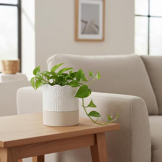 Nihow Ceramic Self Watering Pots for Indoor Plants, 4.5 Inch,Beige | Visible Water Level Fill Port,Planter with Cotton Wick,Water Storage Plus, Cylinder Round Flower Pot, Succulent/Herbs/Violets