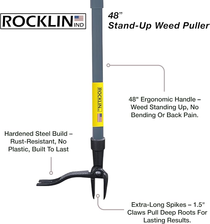 Rocklin Stand Up Weed Puller Tool Long Handle 48” | No Bending or Kneeling | 4-Claw Steel Head, Heavy Duty Dandelion Root Extractor & Weed Remover for Lawn