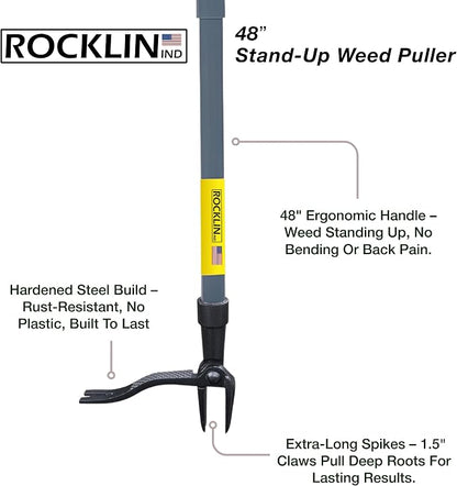 Rocklin Stand Up Weed Puller Tool Long Handle 48” | No Bending or Kneeling | 4-Claw Steel Head, Heavy Duty Dandelion Root Extractor & Weed Remover for Lawn